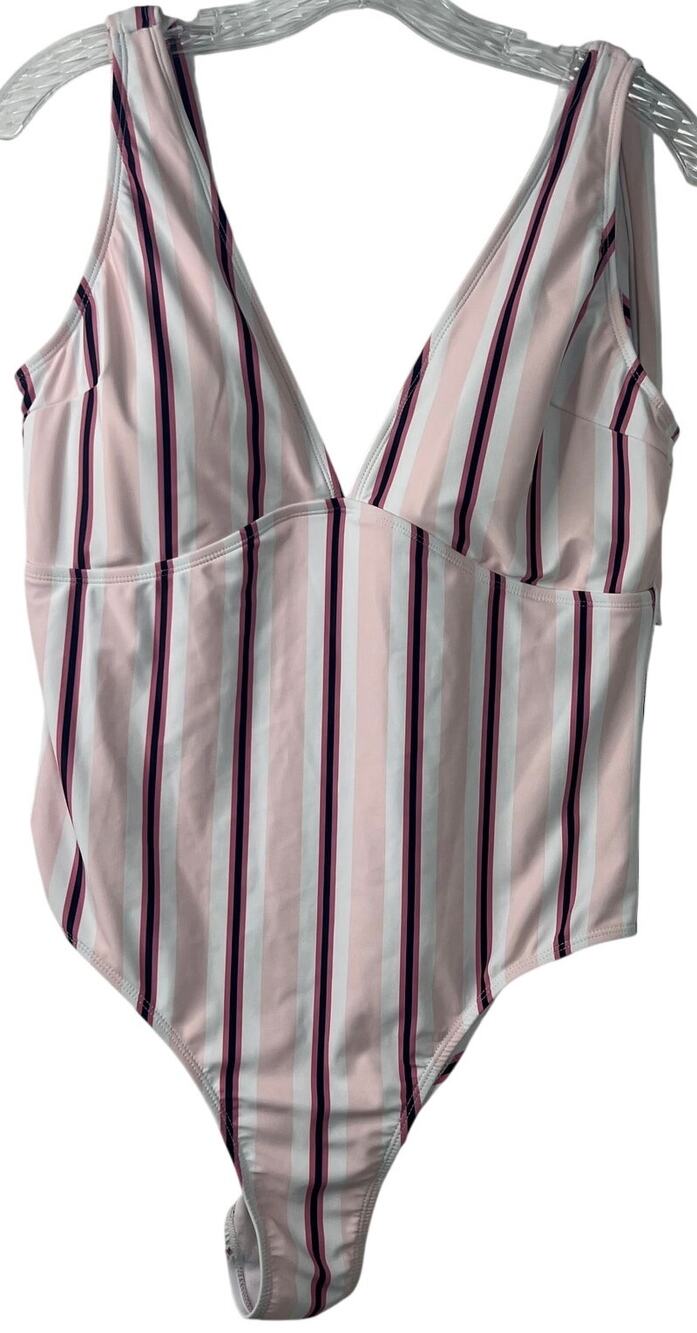 Women's Swimsuit Pink Striped One Piece Padded Coastal Cool Resortwear Size L